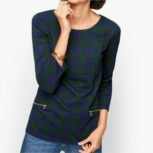 Talbots Plus 3/4 Sleeve Zip Pocket Jacquard Blouse Top Blue/Green Plaid Size 3X